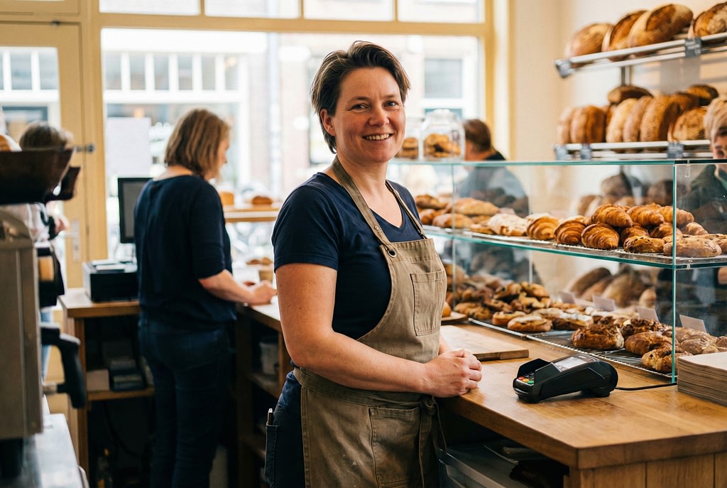 Jenneke van den Berg, eigenaar van 'De Gouden Korst' bakkerij, achter de balie met moderne betaalterminal.