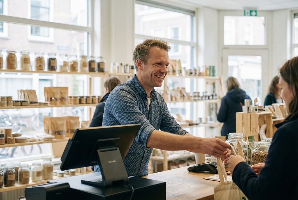 Siert Veldhuis, eigenaar van 'De Groene Keuze' in Utrecht, glimlacht bij de kassa na een succesvolle Wero-transactie.