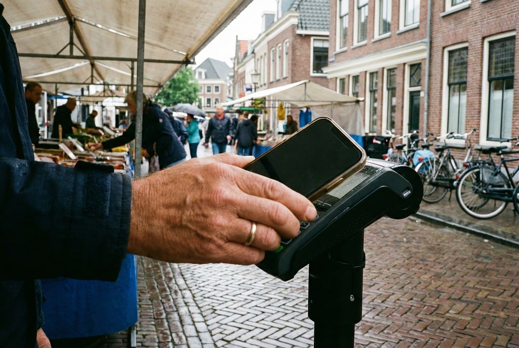 Een gebruiker houdt haar smartphone vast, klaar voor een snelle, veilige Wero-betaling in een café, wat betrouwbaarheid toont.