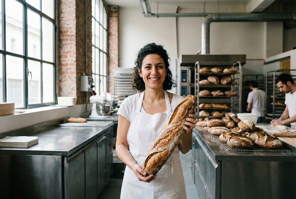 Elodie Garnier, eigenaar La Petite Boulangerie, glimlacht vol zelfvertrouwen in haar bakkerij in Lyon.
