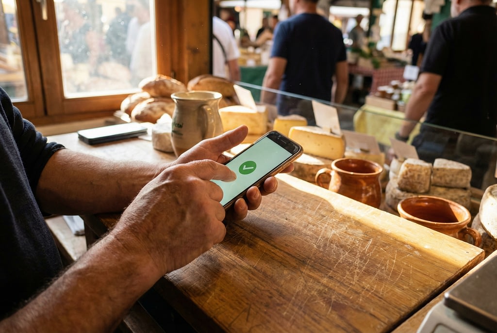 Handen bevestigen snel een wero zakelijk betaling op een smartphone op een houten toonbank.