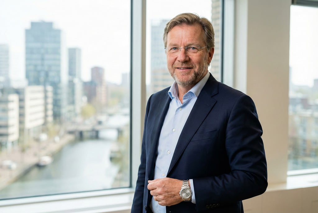 Jakub Zieliński, strategisch adviseur betalingssystemen, in een modern kantoor met stadszicht.