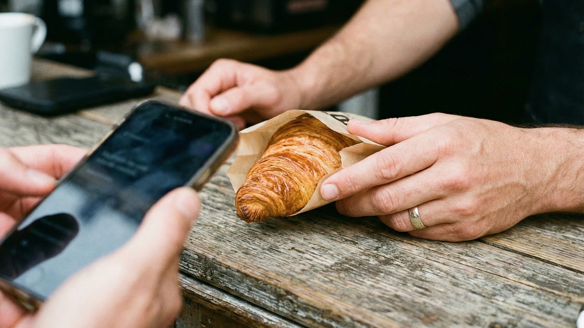 Klant tikt smartphone aan op houten toonbank na snelle Wero-betaling voor croissant.