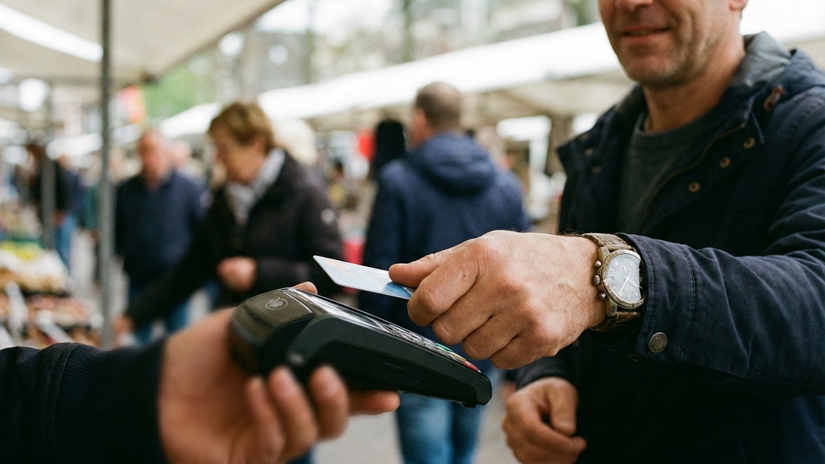 Klant rondt contactloze betaling af met een ontspannen glimlach, wat toont dat is wero betrouwbaar voelt voor gebruikers.