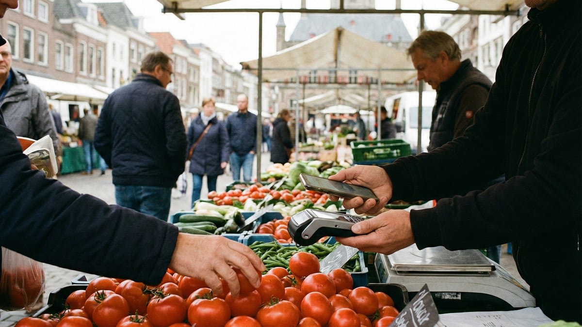 Marktkoopvrouw overhandigt groenten, terwijl klant afrekent met wero vs ideal in drukke straatmarkt.