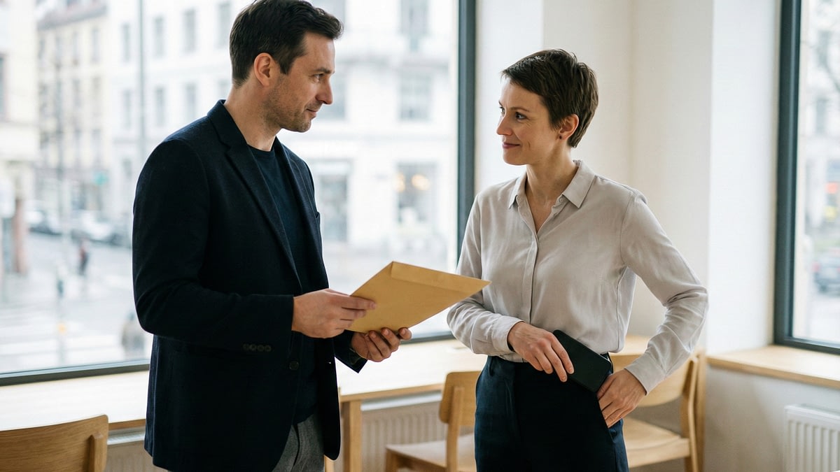 Twee professionals wisselen een blik uit na een vlotte wero zakelijk betaling in een modern kantoor.