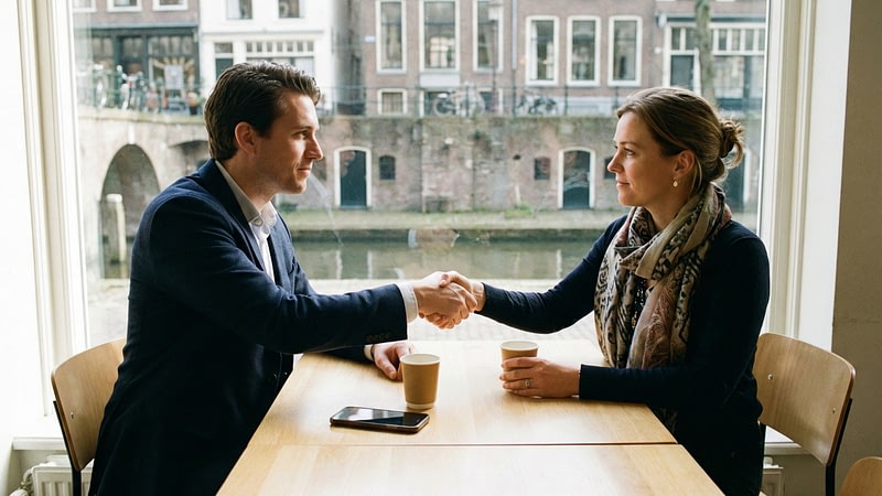 Zakelijke professionals wisselen blikken uit na succesvolle wero app transactie aan vergadertafel.