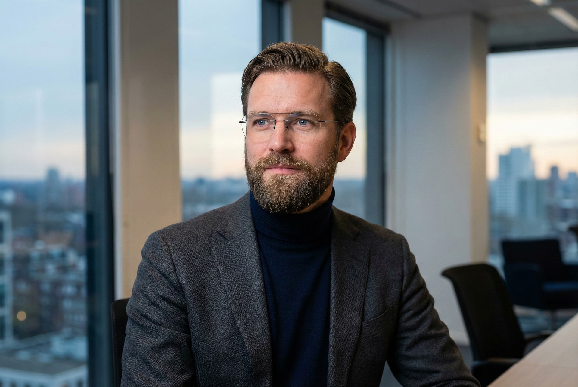 Valentijn van der Steur, senior payments consultant, in modern kantoor met stadsgezicht.