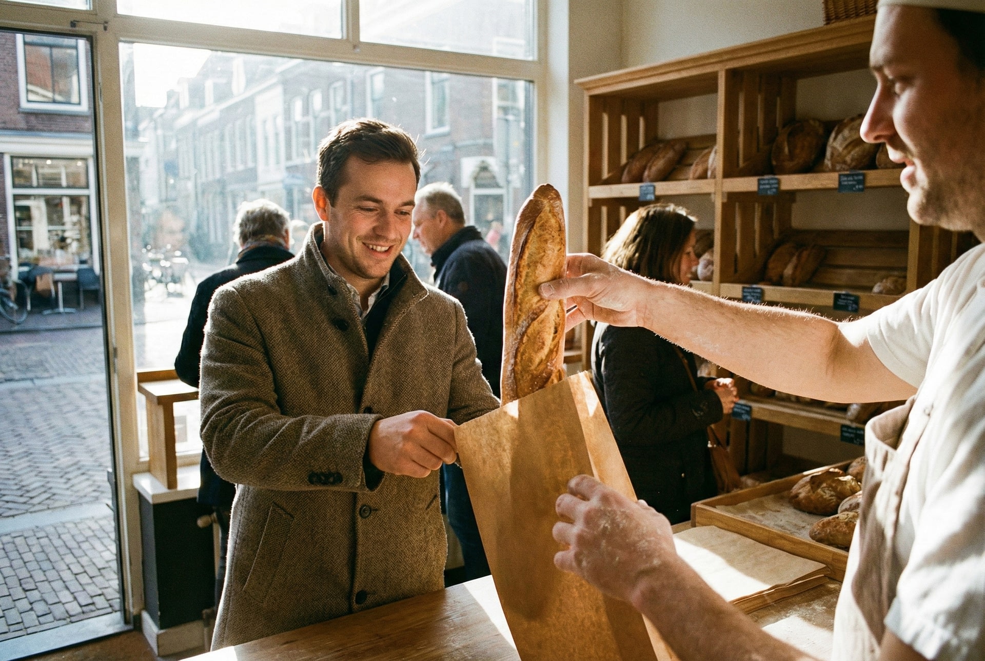 Bakker plaatst warm brood in papieren zak voor klant na vlotte transactie in Utrecht.