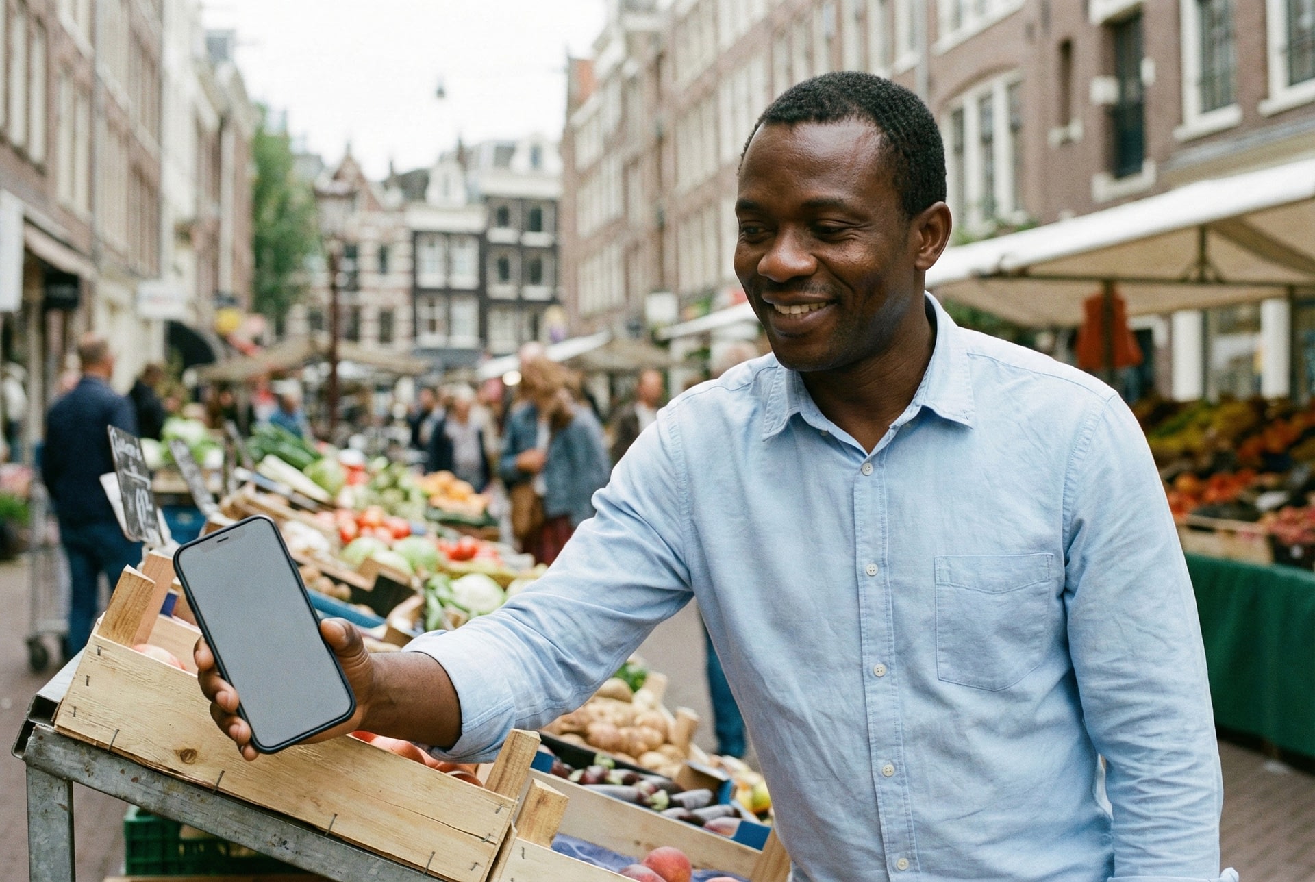 Kofi Owusu, directeur van Adom Export & Import, lacht ontspannen terwijl hij zijn smartphone op een groentekraam legt na een snelle Wero-betaling op de markt.
