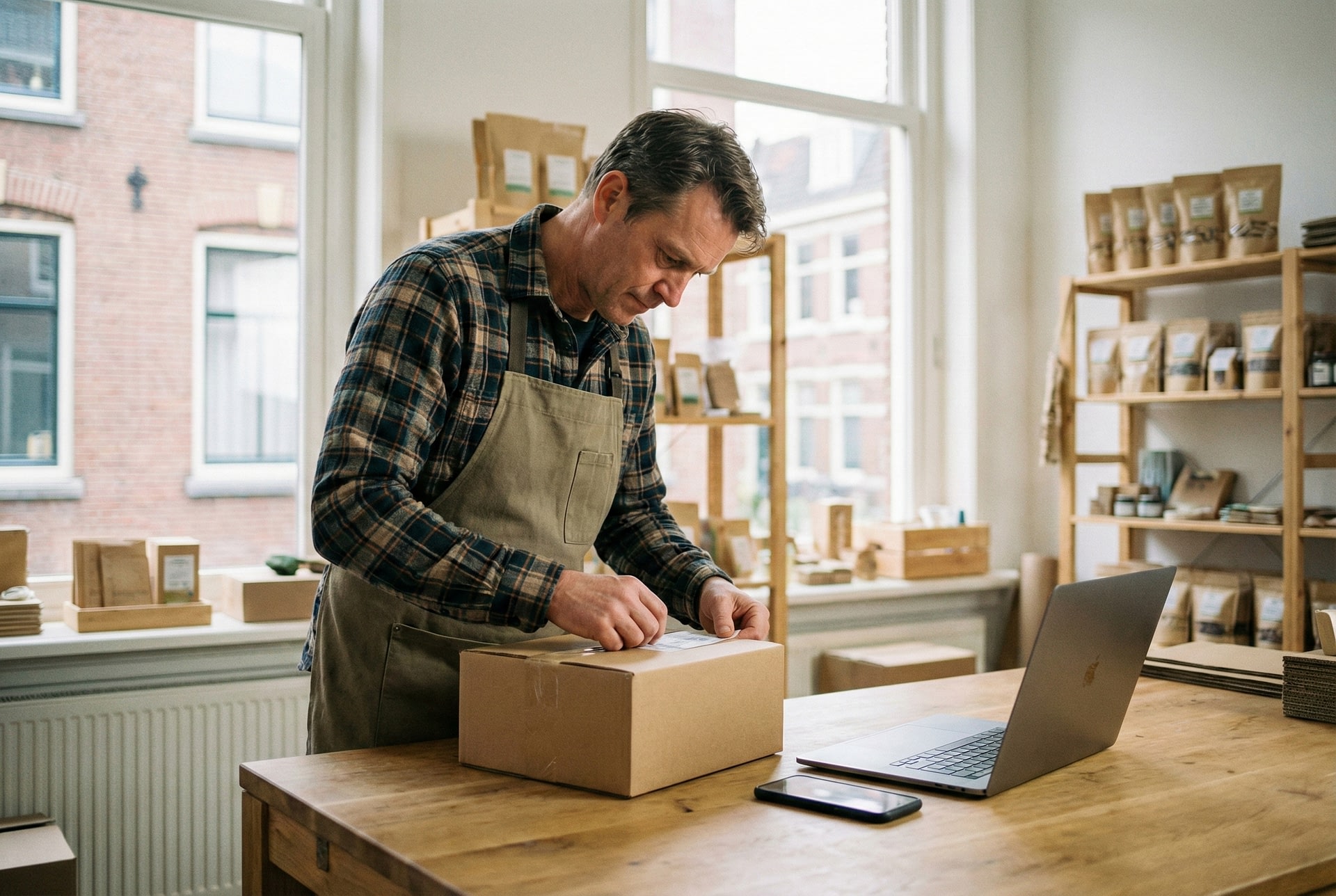 Gerrit-Jan Westerhof verwerkt bestellingen voor Dutch Design Essentials in zijn efficiënte werkruimte.