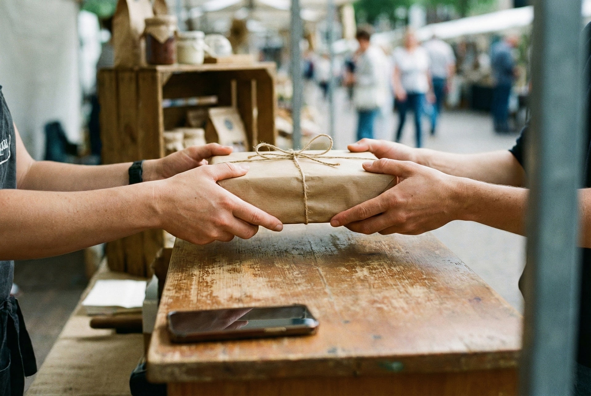 Klant ontvangt verpakt product van verkoper na vlotte Wero-betaling op houten toonbank.