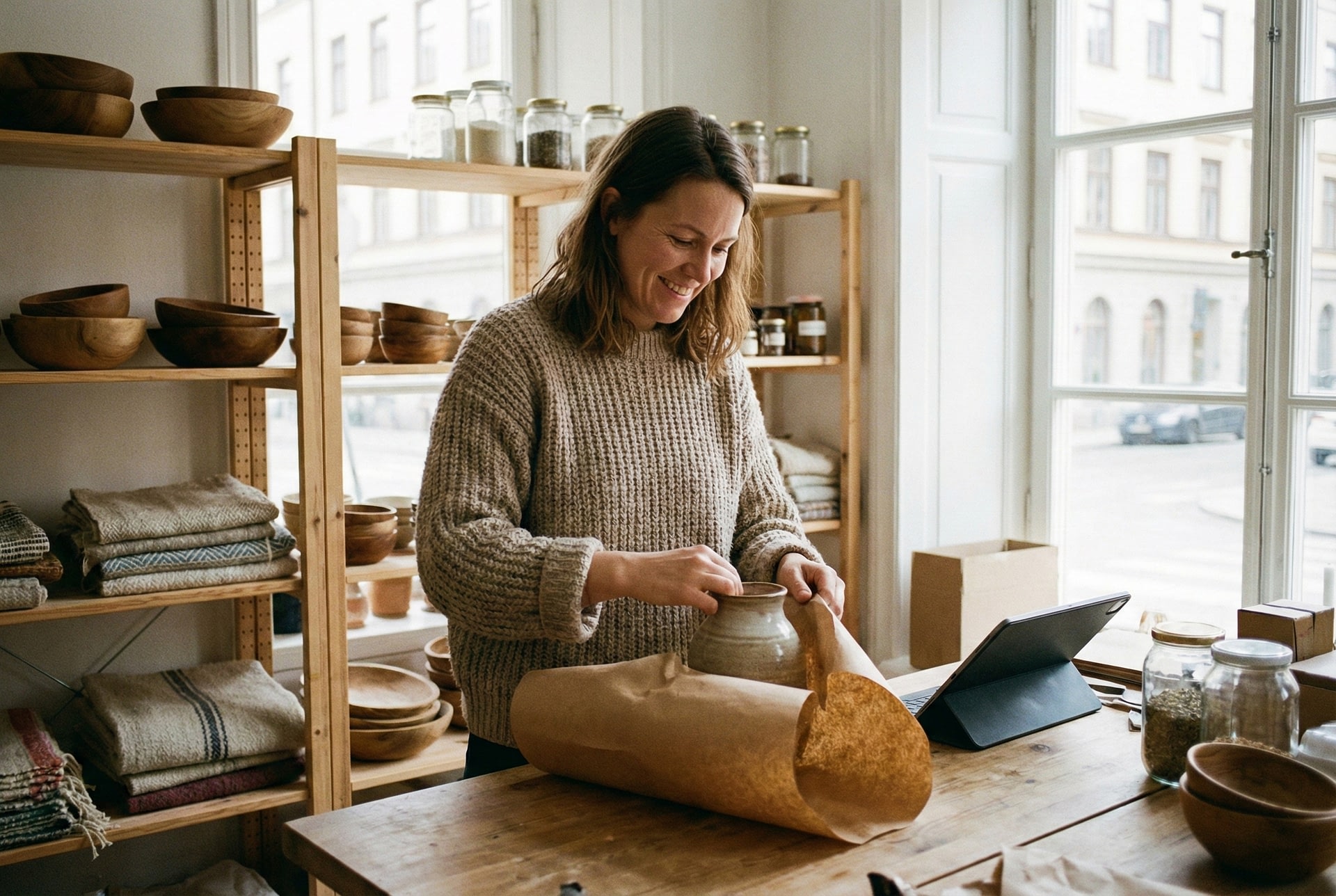 Hanna Lindquist, eigenaresse Nordic Haven Living, pakt bestelling in na succesvolle wero online betaling.