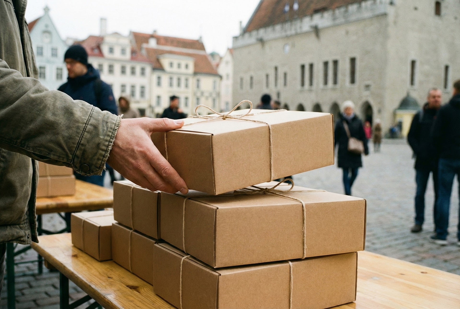 Hand plaatst verpakte woonaccessoire op stapel, resultaat van vlotte Wero online betaling.